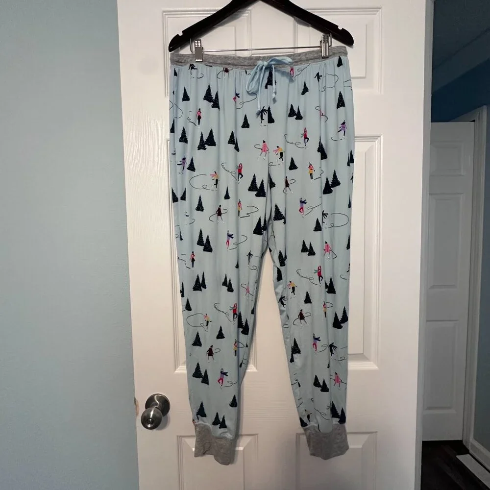 Kate Spade Holiday Christmas Skating Winter Blue Gray Jogger Pajamas Size XL - Picture 8 of 12